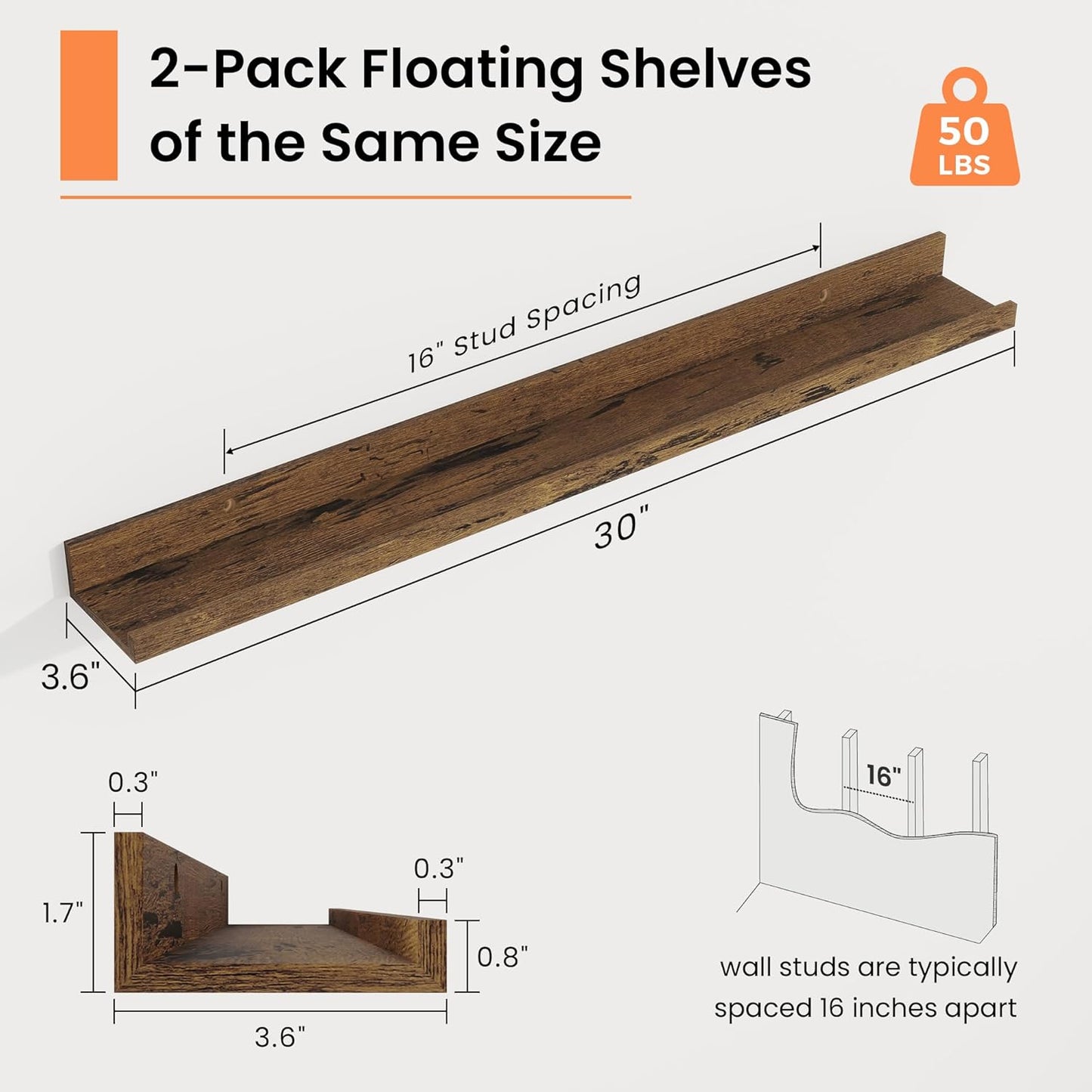 RICHFOCUS Picture Ledge Shelf, 24 inch Floating Shelves Set of 2, Wood Wall Shelves with Lip, Wall Decor Storage for Bedroom Living Room Bathroom Kitchen Nursery Photo Picture, Walnut