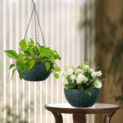 Meowell 10 inch Hanging Planters for Indoor Outdoor Plants, 2 Pack Hanging Flower Pots with Drainage Holes and Chain for Garden Porch, Plastic Hanging Baskets for House Plants, Speckled Grey
