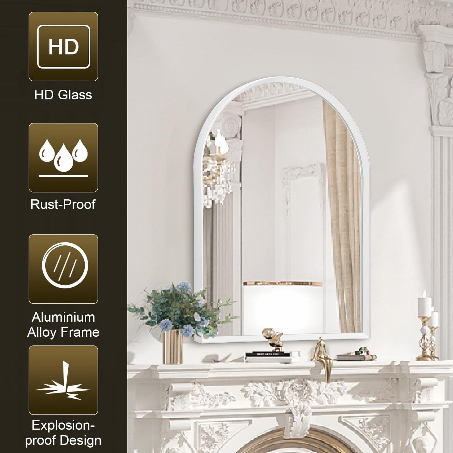 Black Arched Mirror, Modern Bathroom Wall Mirror Aluminum Alloy Framed Mirror Brushed Metal Vanity Wall Mounted Mirror for Livingroom Bedroom Entryway Room 16"x12"