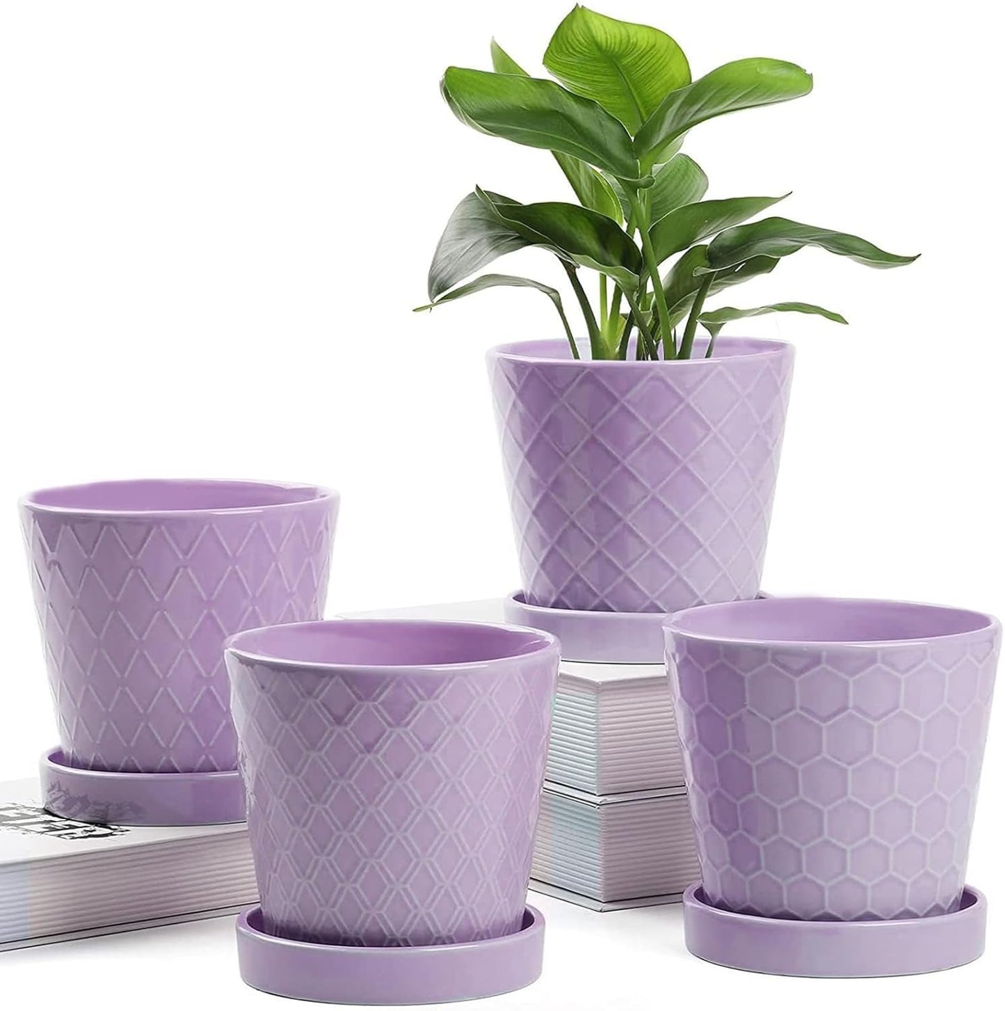 BUYMAX Plant Pots Indoor –5 inch Ceramic Flower Pot with Drainage Hole and Ceramic Tray - Gardening Home Desktop Office Windowsill Decoration Gift, Set of 4-Plants NOT Included (Patina)