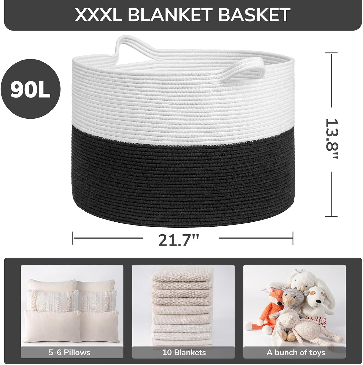 INDRESSME XXXLarge Blanket Basket for Living Room 21.7" x 21.7" x 13.8"-Storage Basket with Handle for Organizing Toy Pillows Woven Cotton Rope Laundry Basket Stuffed Animal Toy Storage for Play Room