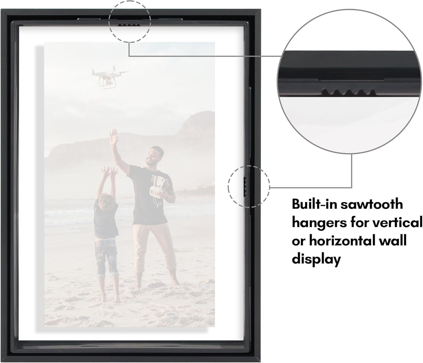 Americanflat Aluminum 11x14 Floating Picture Frame with Shatter-Resistant Glass - Use as 8x10 Picture Frame or Display 11x14 Photo - Signature Float Collection - Photo Frames for Wall Display - Black