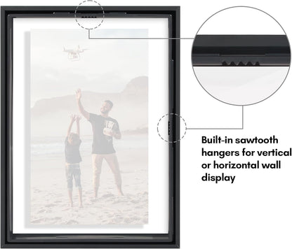 Americanflat Aluminum 11x14 Floating Picture Frame with Shatter-Resistant Glass - Use as 8x10 Picture Frame or Display 11x14 Photo - Signature Float Collection - Photo Frames for Wall Display - Black