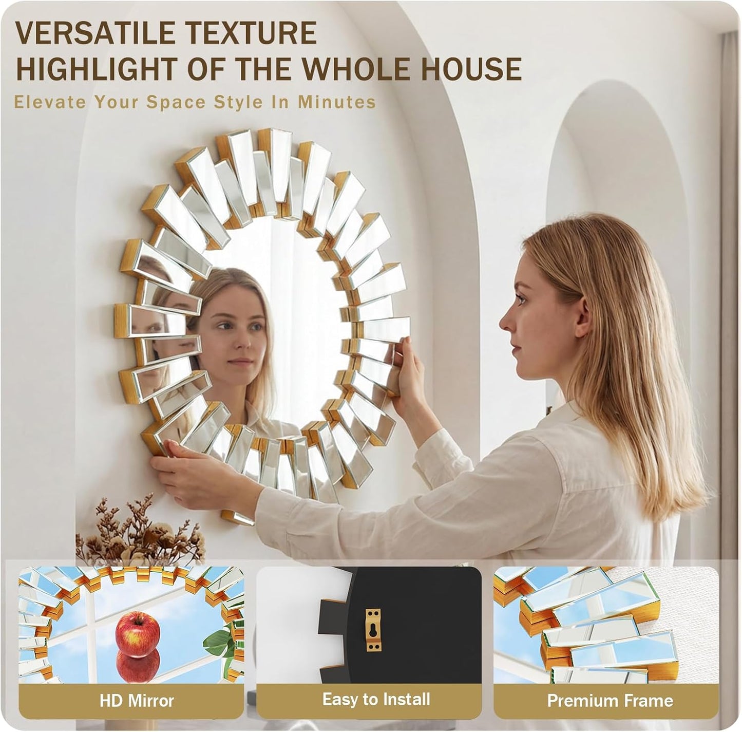 Gold Sunburst Mirror, 26" Sun Mirror Wall Decor with Beveled Glass Frame, Starburst Mirrors for Entryway, Dining Room, Living Room