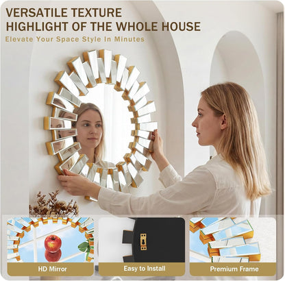 Gold Sunburst Mirror, 26" Sun Mirror Wall Decor with Beveled Glass Frame, Starburst Mirrors for Entryway, Dining Room, Living Room