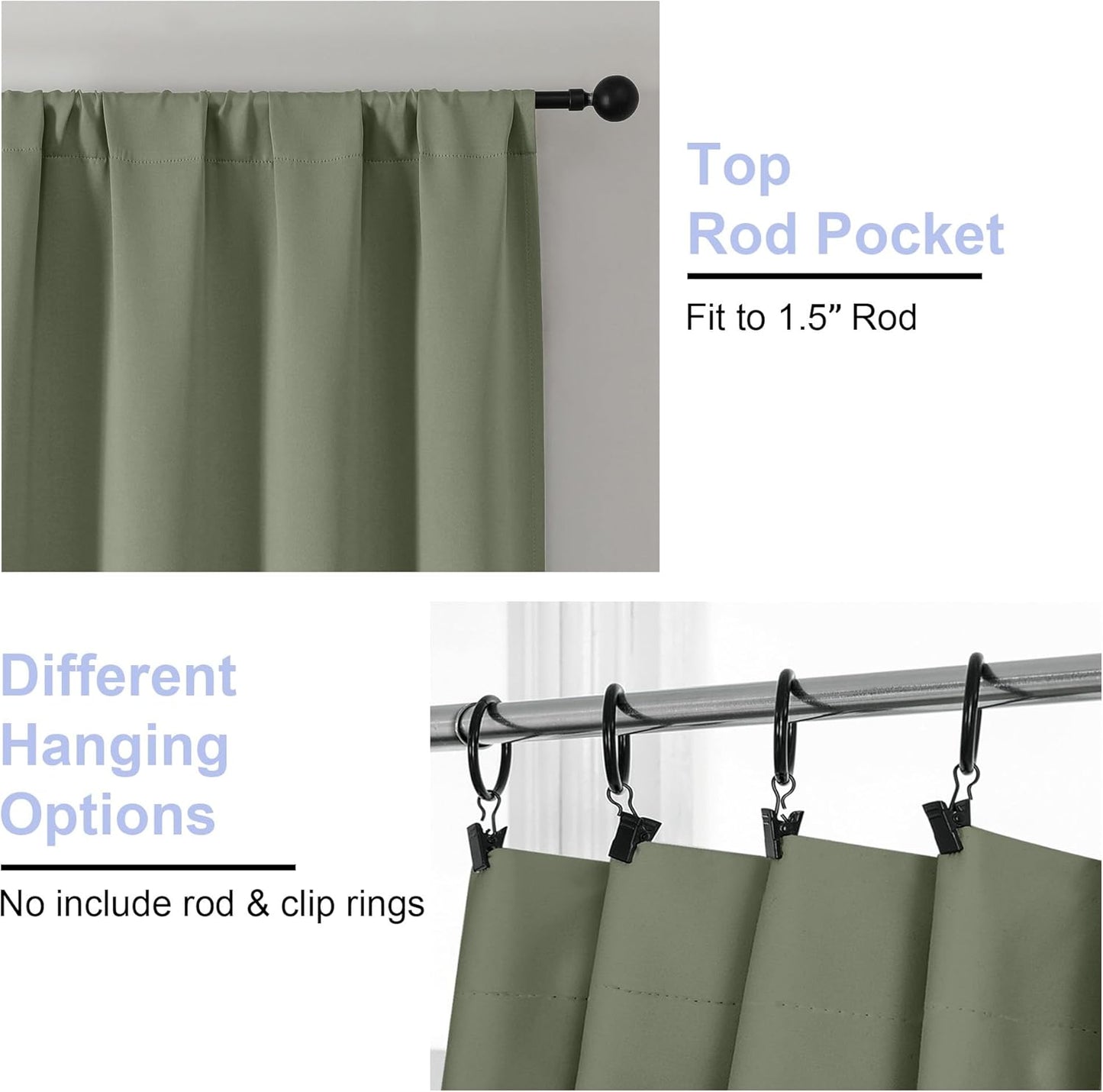 Simplebrand Ava Sage Green Blackout Curtains for Bedroom 63 Inch Length 2 Panels Set, Solid Thermal Insulated Energy Saving Rod Pocket Window Treatment Curtains Blackout Drapes, W40 x L63 Inch, Sage - Colors A