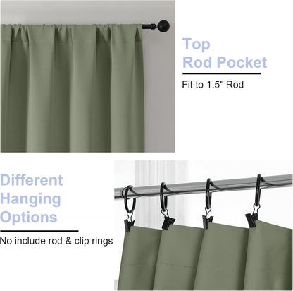 Simplebrand Ava Sage Green Blackout Curtains for Bedroom 63 Inch Length 2 Panels Set, Solid Thermal Insulated Energy Saving Rod Pocket Window Treatment Curtains Blackout Drapes, W40 x L63 Inch, Sage - Colors A