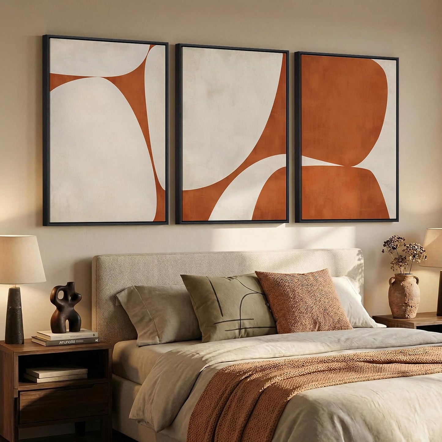 Large Framed Neutral Abstract Wall Art for Living Room, 3 Piece Modern Canvas Prints Paintings Artwork for Walls, Black and Beige Pictures for Living Room Hallway Stair Office Wall Decor 24x36 Inch