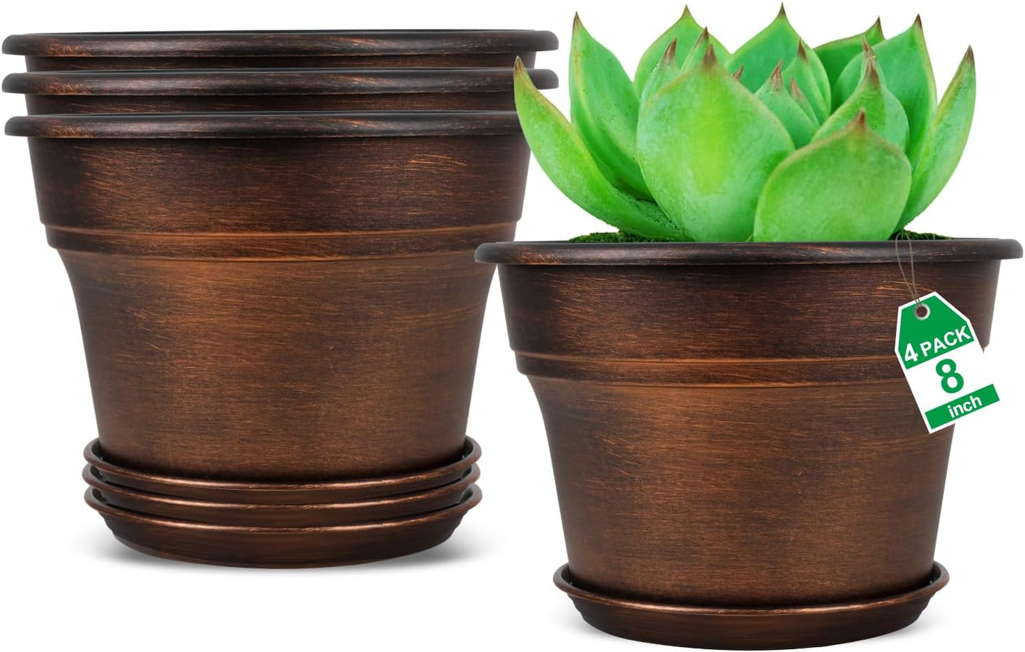 Fodetyff 10 Inch Planters Plant Pots Indoor Outdoor, 4 Pack Plastic Flower Pot for Indoor Plants with Drainage Holes & Trays, Resin Decorative Container Sets with Saucer for House Garden Copper