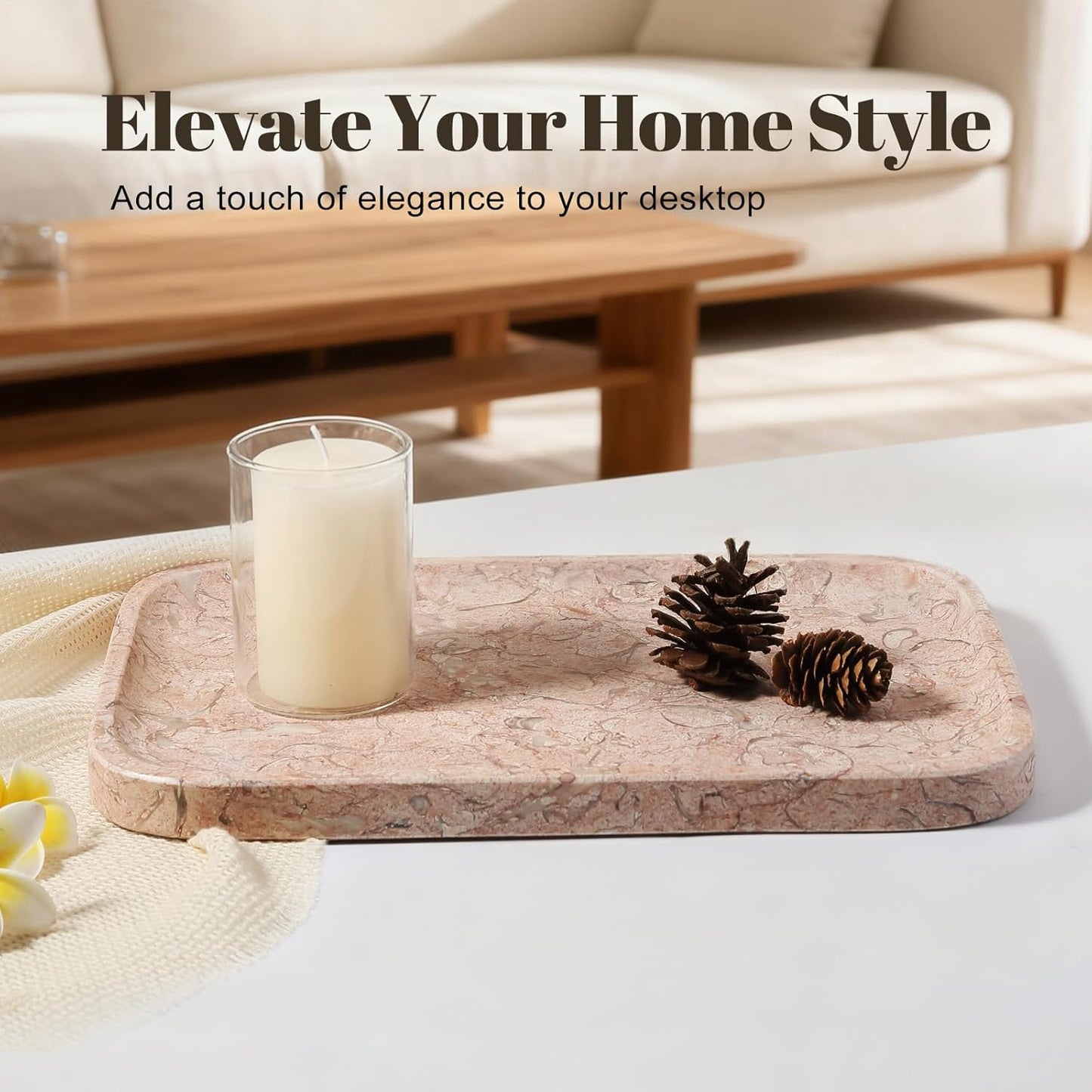 Koville Romano Travertine Tray, 12"x8" Natural Stone Vanity Tray for Countertop Bathroom Kitchen Dresser, Decorative Marble Catchall Trays for Perfume Jewelry, Rectangular Serving Tray(Beige)