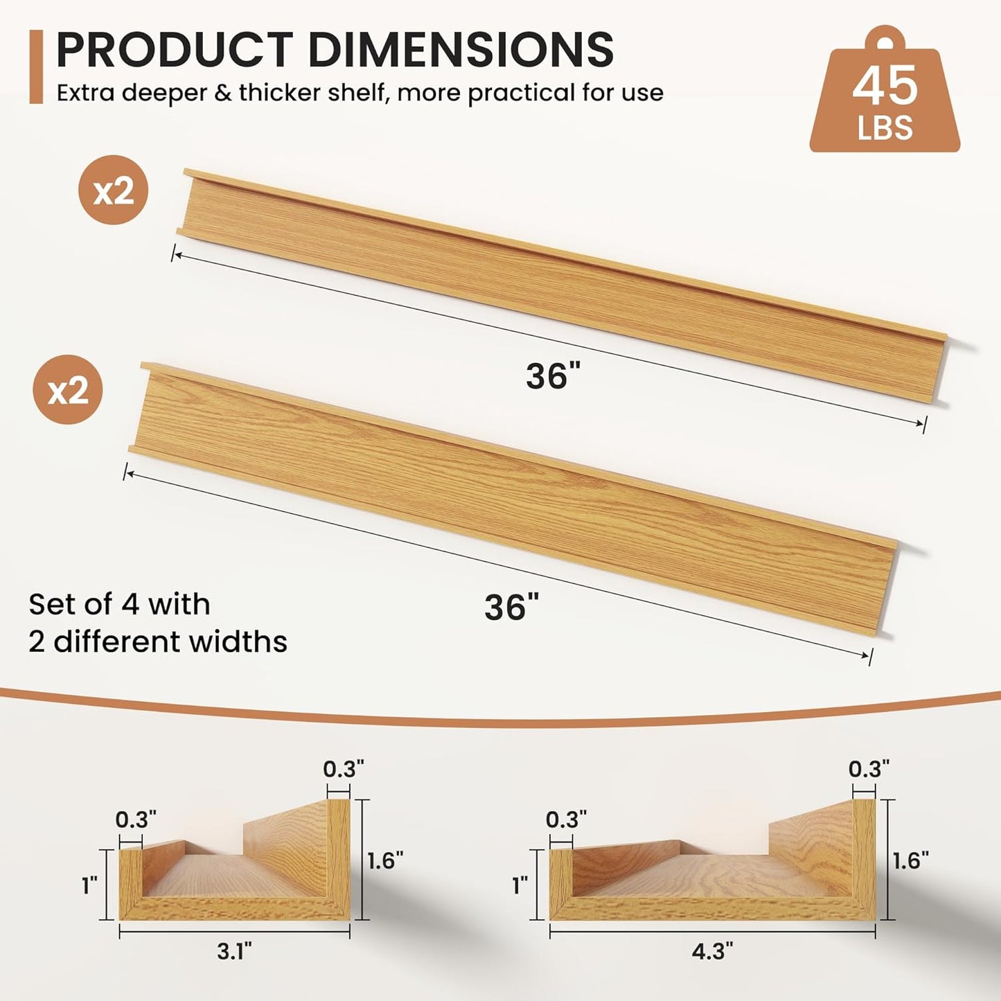 Fun Memories Picture Ledge Shelves Set of 2, 32 Inch Rustic Wall Mounted Floating Shelves with Lip for Home Storage and Décor in Bathroom, Kitchen, Nursery, Bedroom, Living Room, Walnut