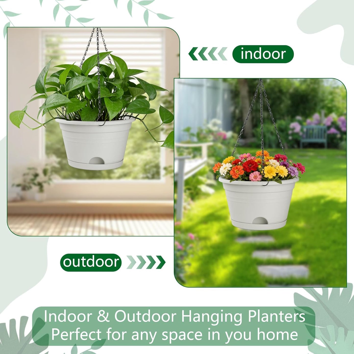 Nooulap 4 Pack Hanging Planters, 10 Inch Hanging Plant Pot with Hanger Chain & Drainage Trays, Hanging Baskets for Plants Outdoor Indoor, Flowers Pots for Home, Garden, Porch Decor (Black)