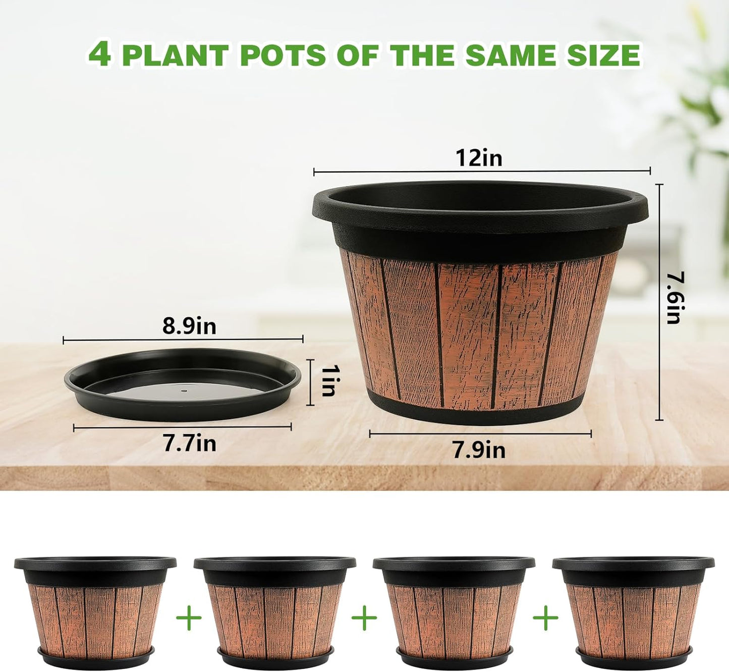 Quarut 4 Pack 10 inch Plant Pots,Upgrade Whiskey Barrel Planters with Drainage Holes & Saucer,Plastic Decoration Flower Pots Retro Design,Planters for Outdoor Indoor Garden Home Plants (Brown)