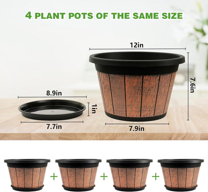 Quarut 4 Pack 10 inch Plant Pots,Upgrade Whiskey Barrel Planters with Drainage Holes & Saucer,Plastic Decoration Flower Pots Retro Design,Planters for Outdoor Indoor Garden Home Plants (Brown)