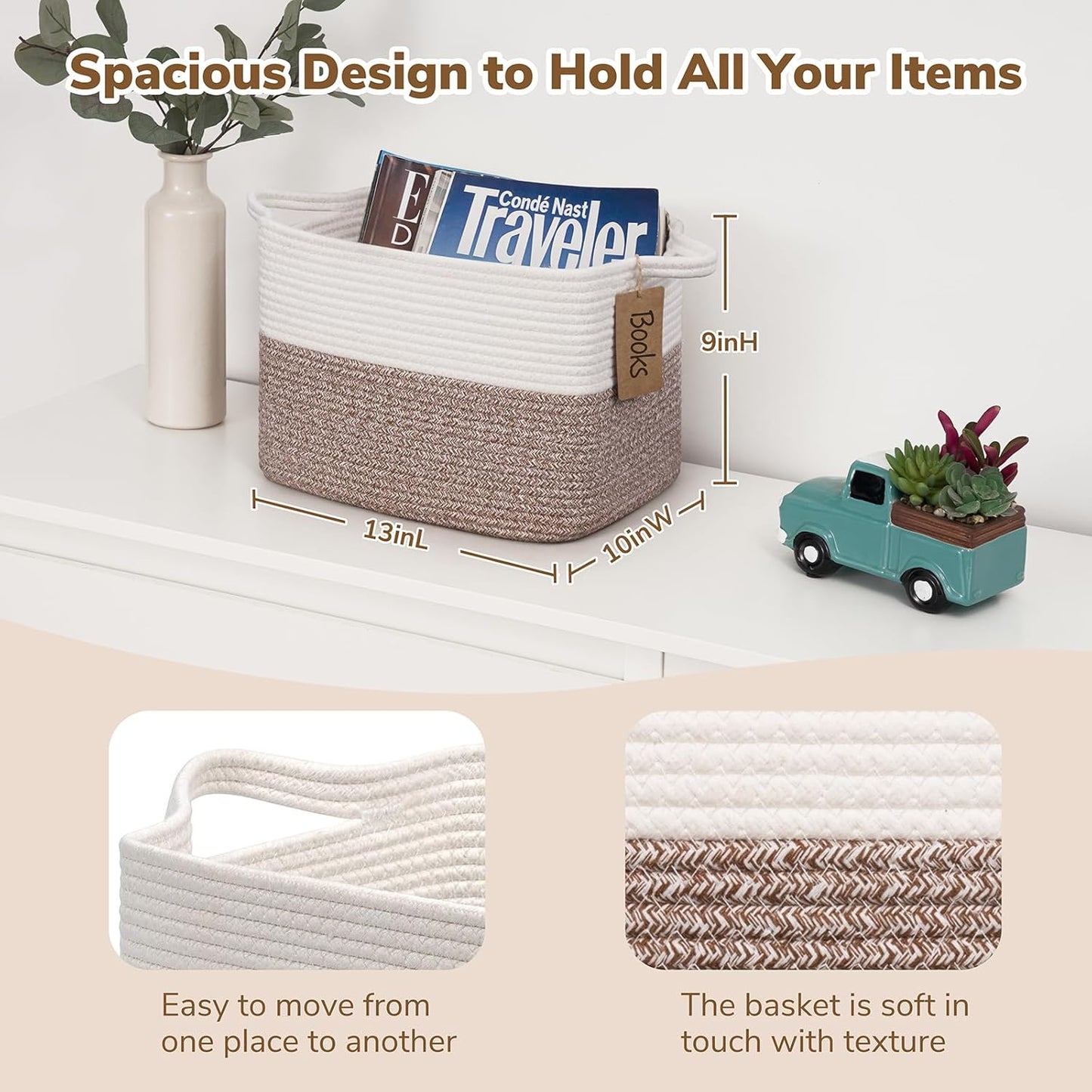 Goodpick Woven Storage Basket, Cotton Rope Basket for Dog Toys, Books, Stylish Gift Basket with Handles, 13 x 10 x 9 Inches Square Baskets for Organizing, Brown and White