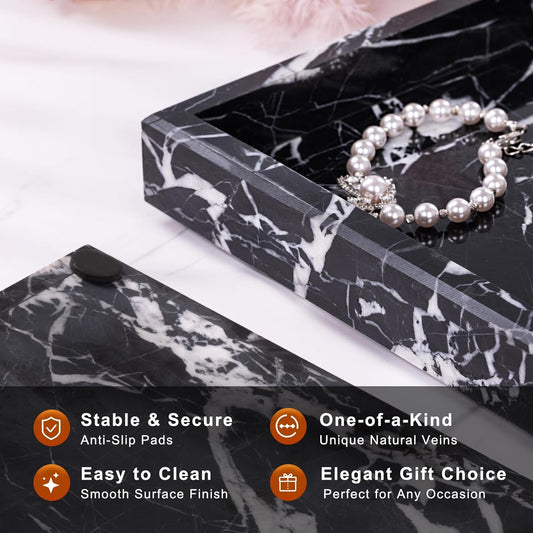 Marble Bathroom Tray for Countertop & Home Decor, Natural Decorative Marble Tray for Jewelry & Perfume Organizer, Luxury Stone Vanity Trays for Dresser, Kitchen Counter, 12" x 8", Gray Black