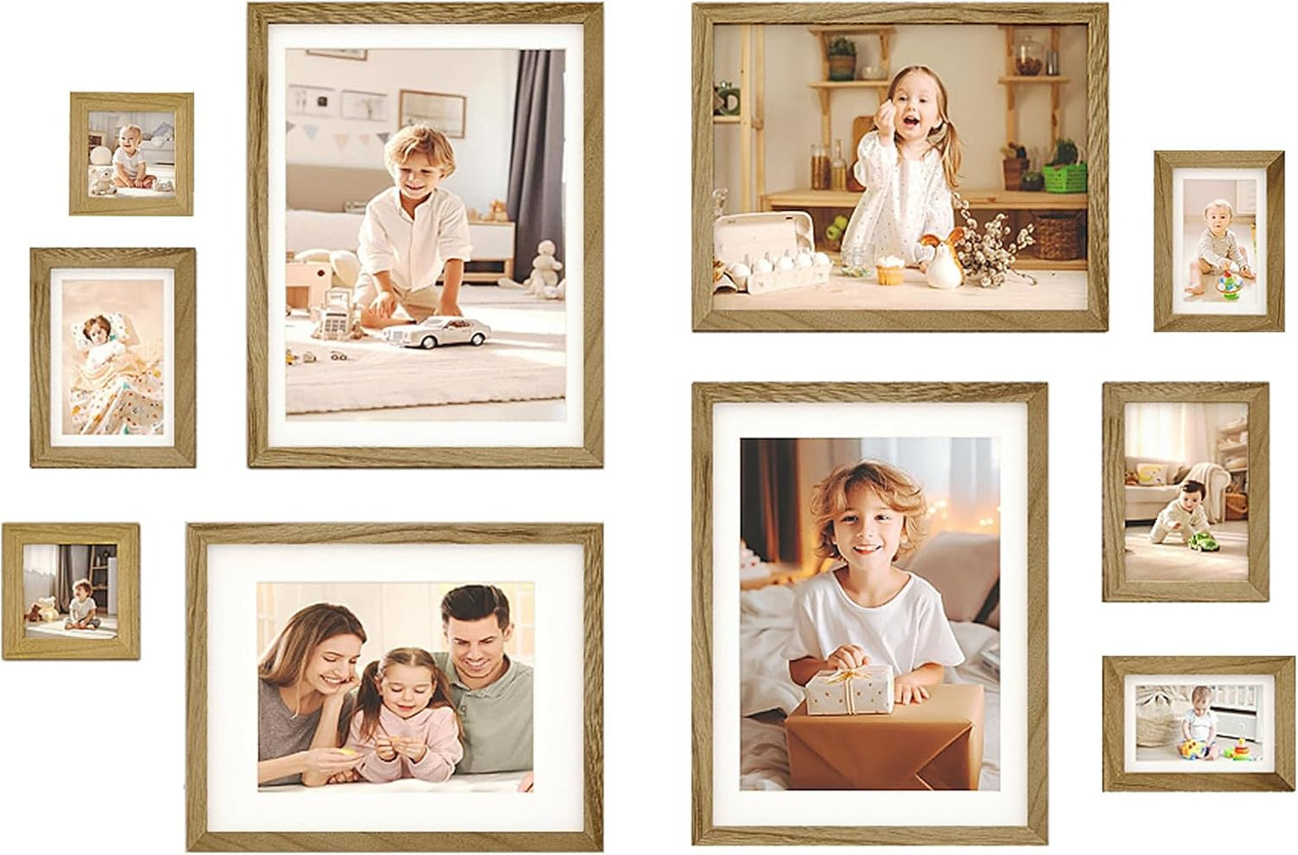 Egofine Picture Frame Set 12 Pack, Picture Frames Collage Wall Decor with Two 11x14, Two 8x10, Four 5x7, Four 4x6 for Wall and Tabletop, Made of Solid Wood, Covered by Plexiglass, Natural Wood