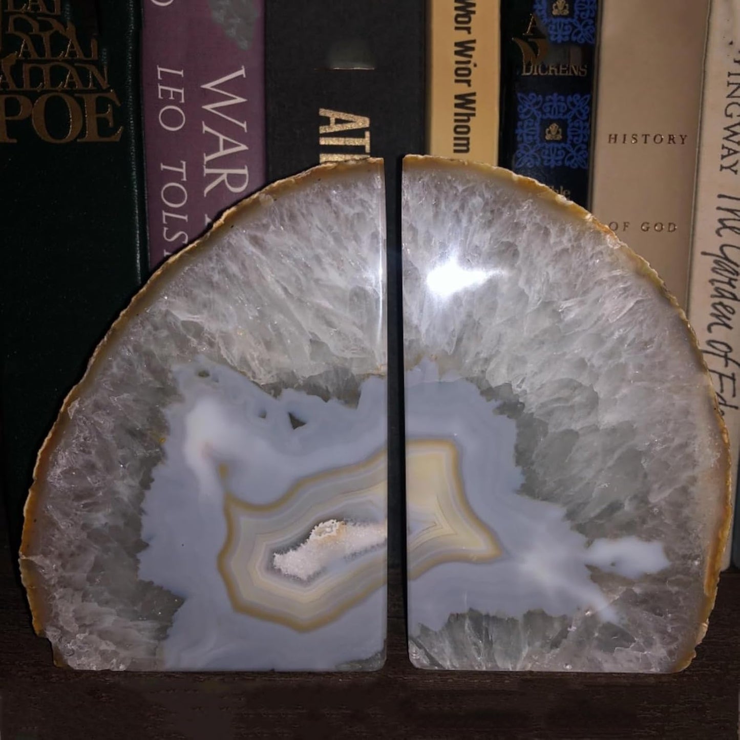 JIC Gem Dyed Blue Agate Bookends Geode Decorative Book Ends for Heavy Books with Rubber Bumpers for Office and Home Decoration Polished Small Size 2 to 3 Lbs