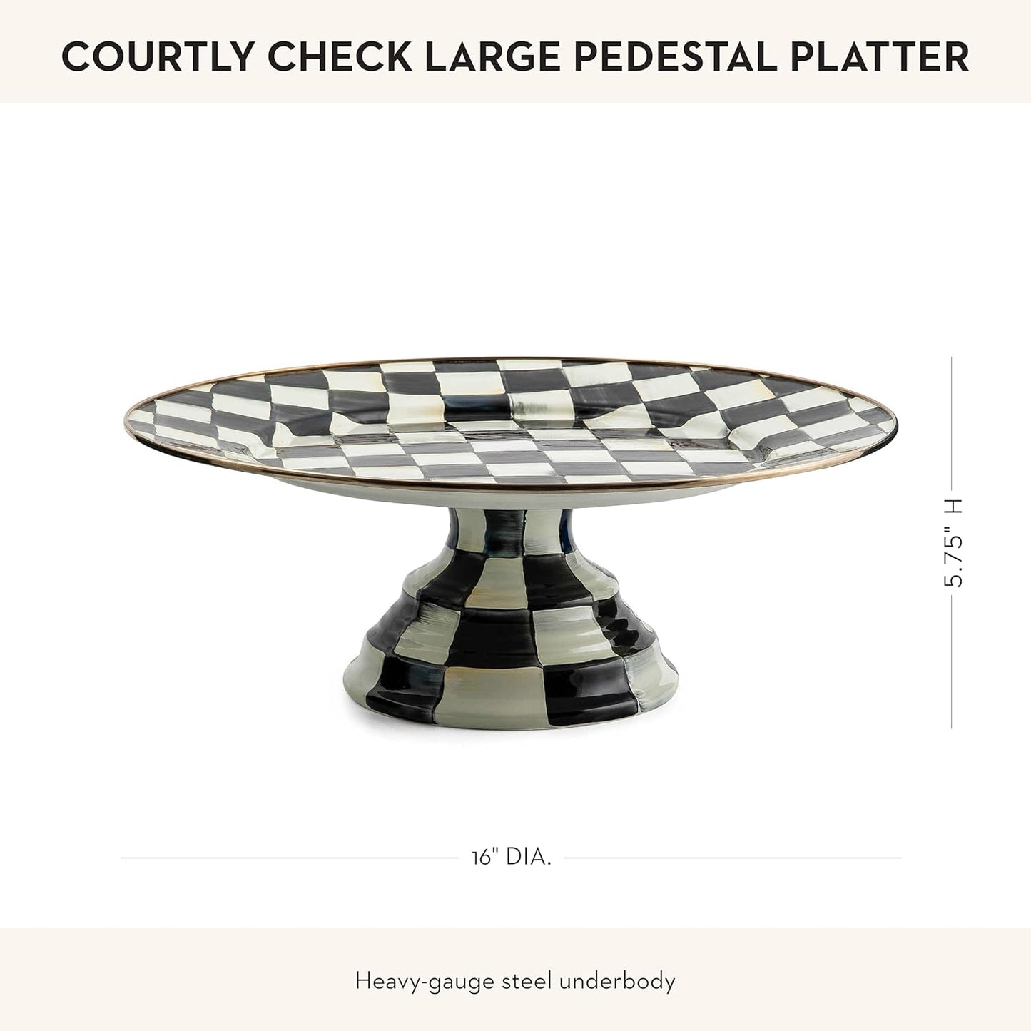MACKENZIE-CHILDS Enamel Pedestal Serving Platter, Decorative Serving Dish for Food, Small, Black-and-White Courtly Check