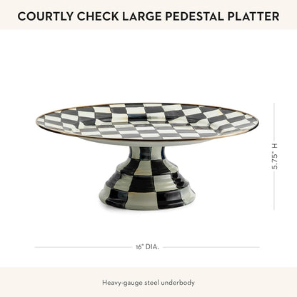 MACKENZIE-CHILDS Enamel Pedestal Serving Platter, Decorative Serving Dish for Food, Small, Black-and-White Courtly Check