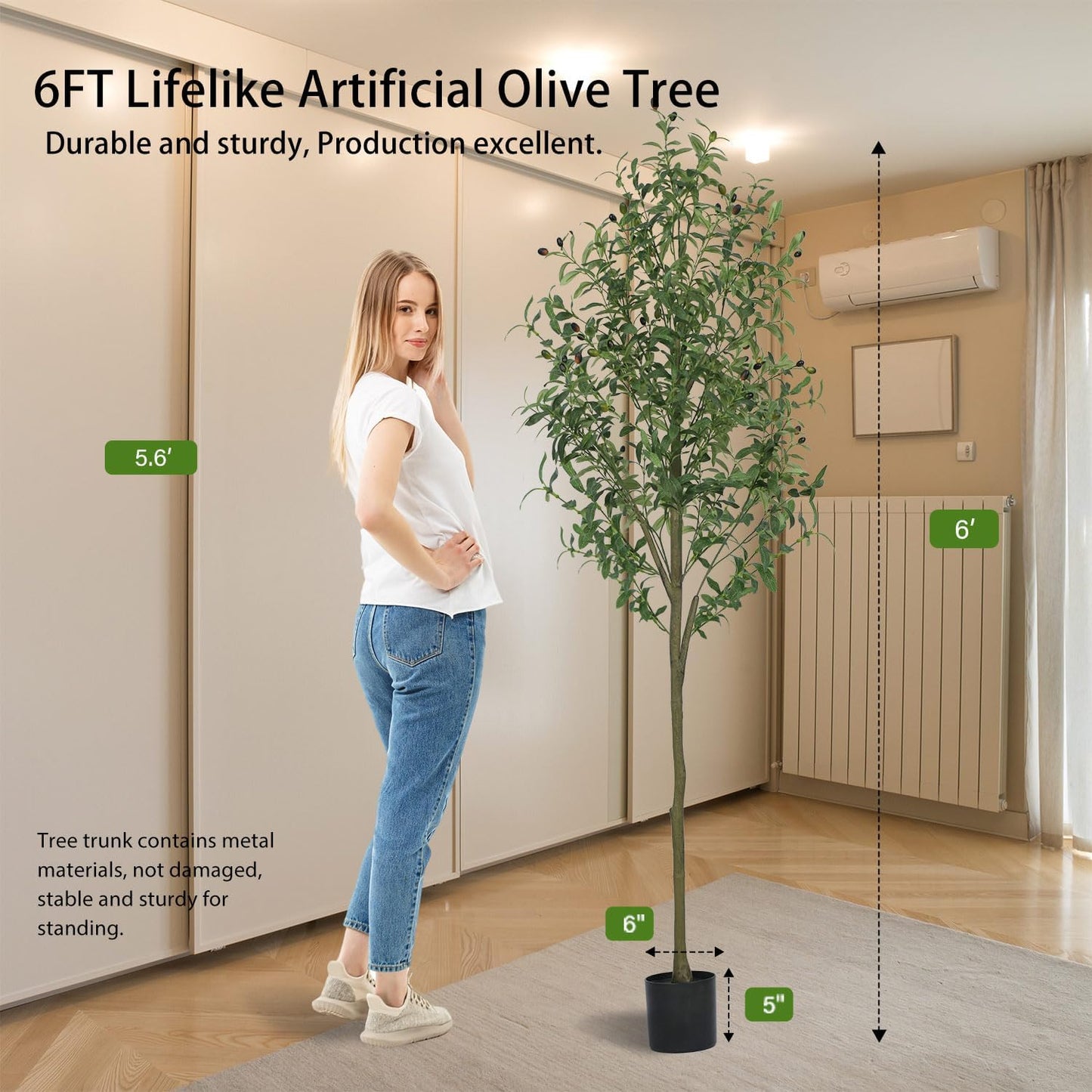 Olive Trees Artificial Indoor, Artificial Olive Tree 6FT Faux Olive Tree for Home Office Decor, Artificial Tree with Realistic Trunk, Branches, Leaves and Fruits, Fake Olive Tree for Gift