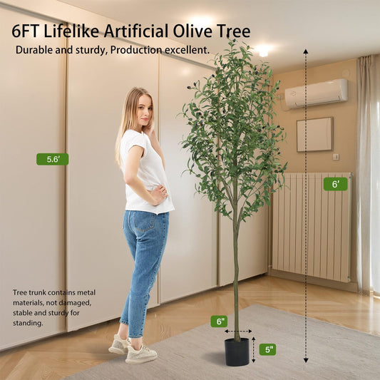 Olive Trees Artificial Indoor, Artificial Olive Tree 6FT Faux Olive Tree for Home Office Decor, Artificial Tree with Realistic Trunk, Branches, Leaves and Fruits, Fake Olive Tree for Gift