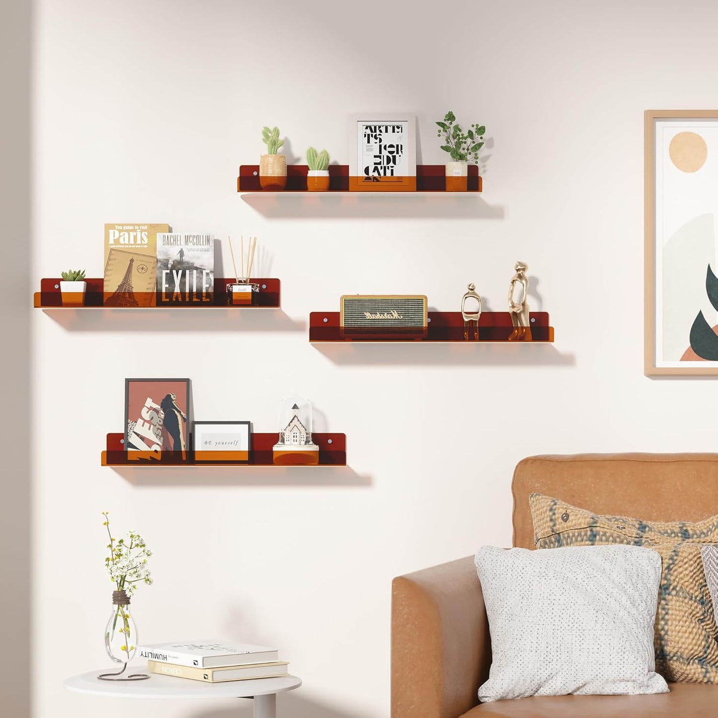 upsimples Acrylic Shelves for Bathroom Storage, 15" Floating Shelves Wall Organizer for Perfume, Make up, Skincare, Kids Bookshelf for Bedroom, Nursery, Living Room Decor, Clear, 4 Pack