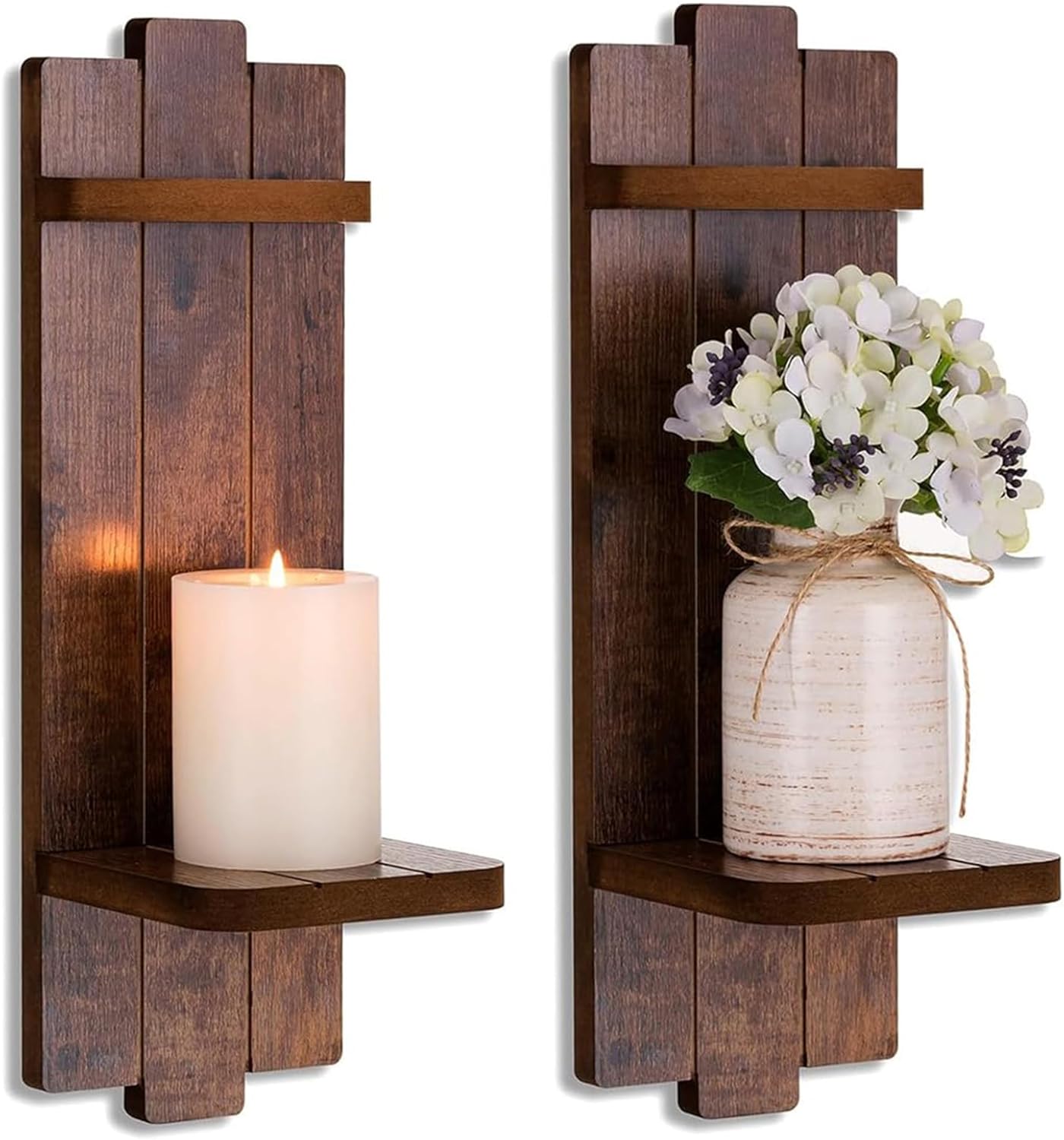 Candle Sconces Black Wall Decor Set of 2 - Wood Wall Candle Holders Set of Two for Small Plants Pillar Candles Tealight - Gothic Distressed Decor for Living Room