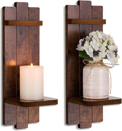 Candle Sconces Black Wall Decor Set of 2 - Wood Wall Candle Holders Set of Two for Small Plants Pillar Candles Tealight - Gothic Distressed Decor for Living Room