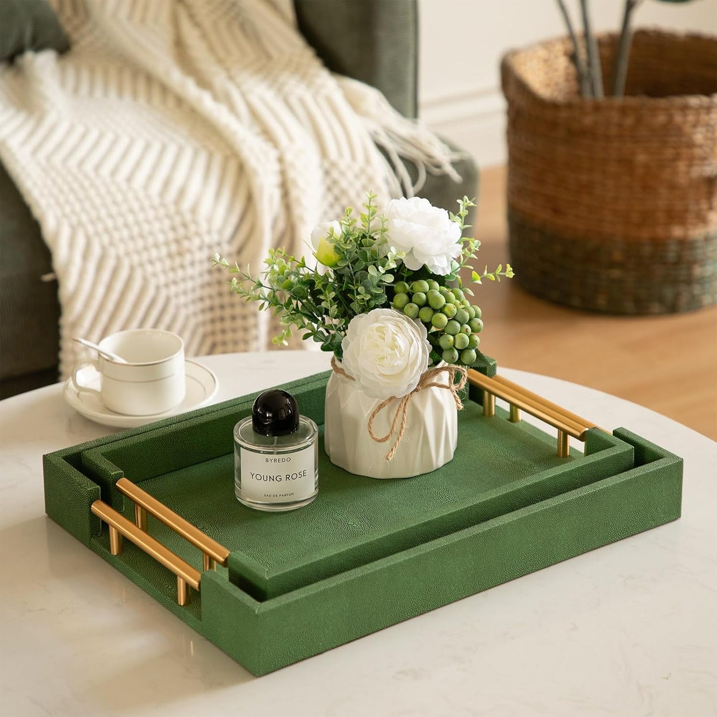 Modern Decorative Tray Set of 2 Ivory Shagreen Leather and Wood Serving Tray with Gold Polished Metal Handles for Ottoman, Coffee Table, Bathroom and More