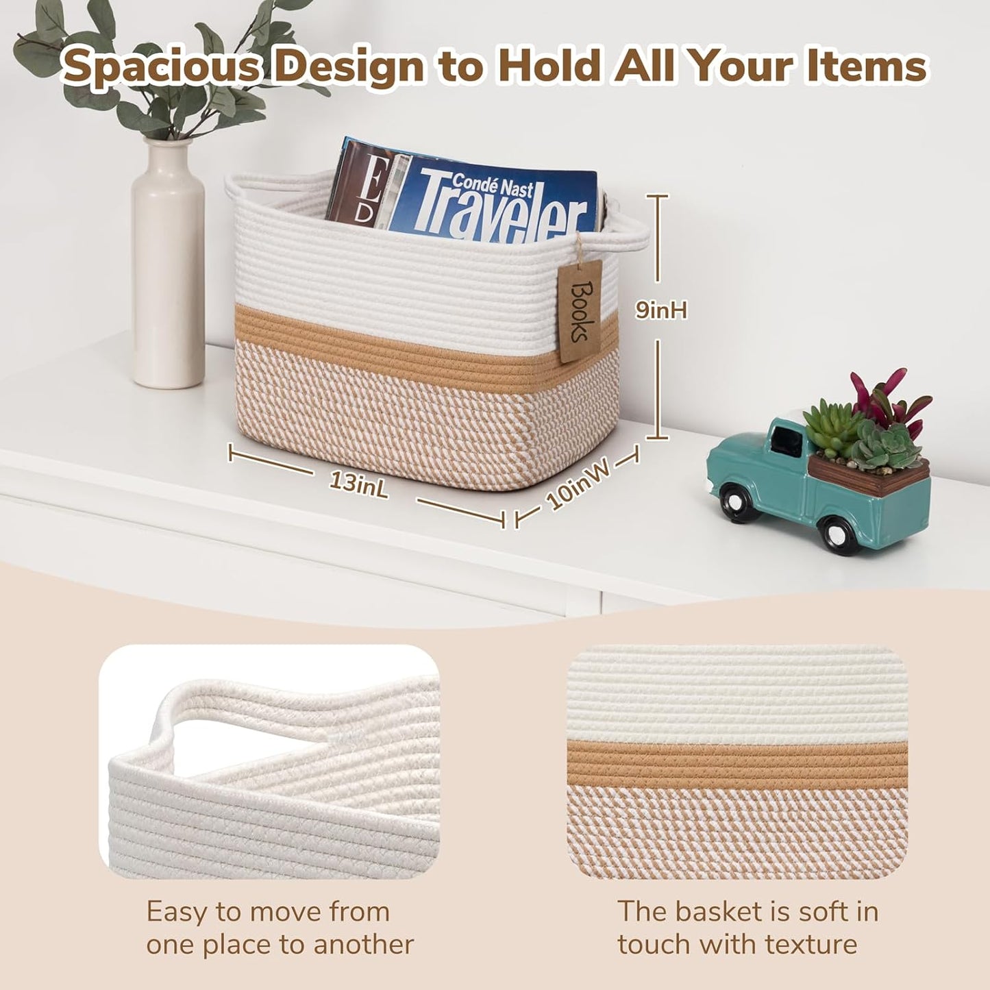 Goodpick Woven Storage Basket, Cotton Rope Basket for Dog Toys, Books, Stylish Gift Basket with Handles, 13 x 10 x 9 Inches Square Baskets for Organizing, Brown and White