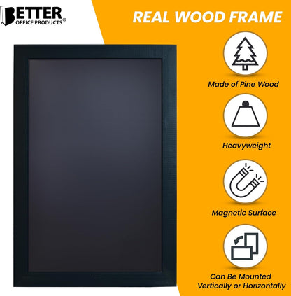 Better Office Products Magnetic Chalkboard, 20x30 Rustic Wood Frame Chalkboard Sign, Wall Mount Vertical/Horizontal, Includes Chalk Markers, Eraser, Chalk Board Easel Sign for Home Business Decor