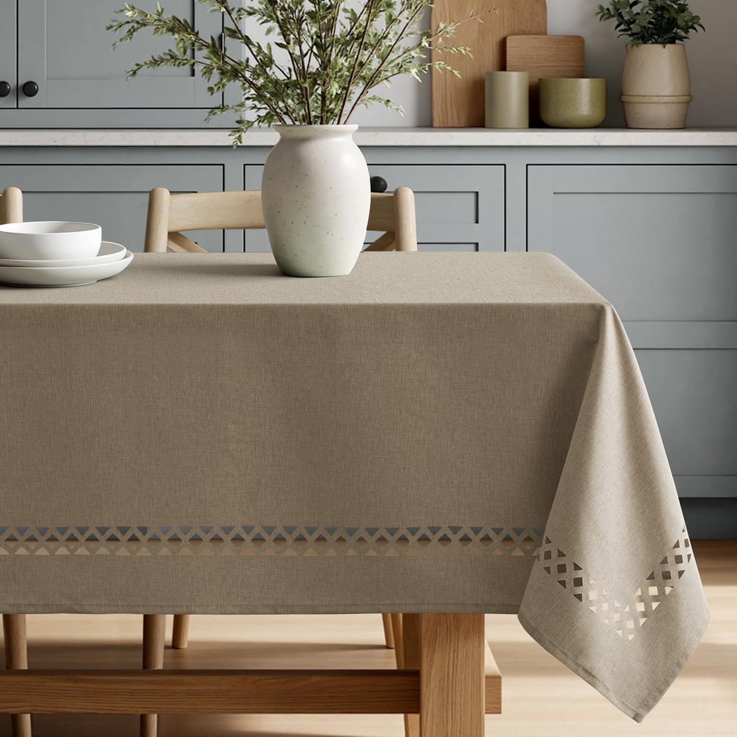MIULEE Beige Rectangle Linen Polyester Tablecloth with Decorative Cutouts Spring Waterproof Stain Resistant & Shrink-Proof Table Cloth 52x70 inch Farmhouse Style for Dining Wedding and Outdoor