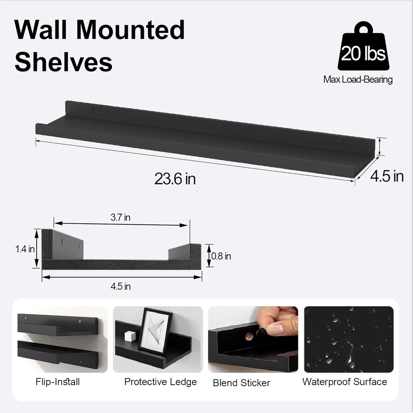 White Floating Shelves for Wall Decor, Wall Mounted Wood Storage Shelf for Bedroom, Living Room, Bathroom, Kitchen, Nursery, Display Picture Ledge Shelf with Lip Set of 2-14 Inches, White