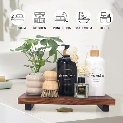 Wooden Pedestal Stand Black Bathroom Counter Organizer Tray Decor Farmhouse Wood Risers Small Hand Soap Dish Dispenser Holder for Kitchen Sink Modern Bathroom Vanity Accessories Decorative Tray