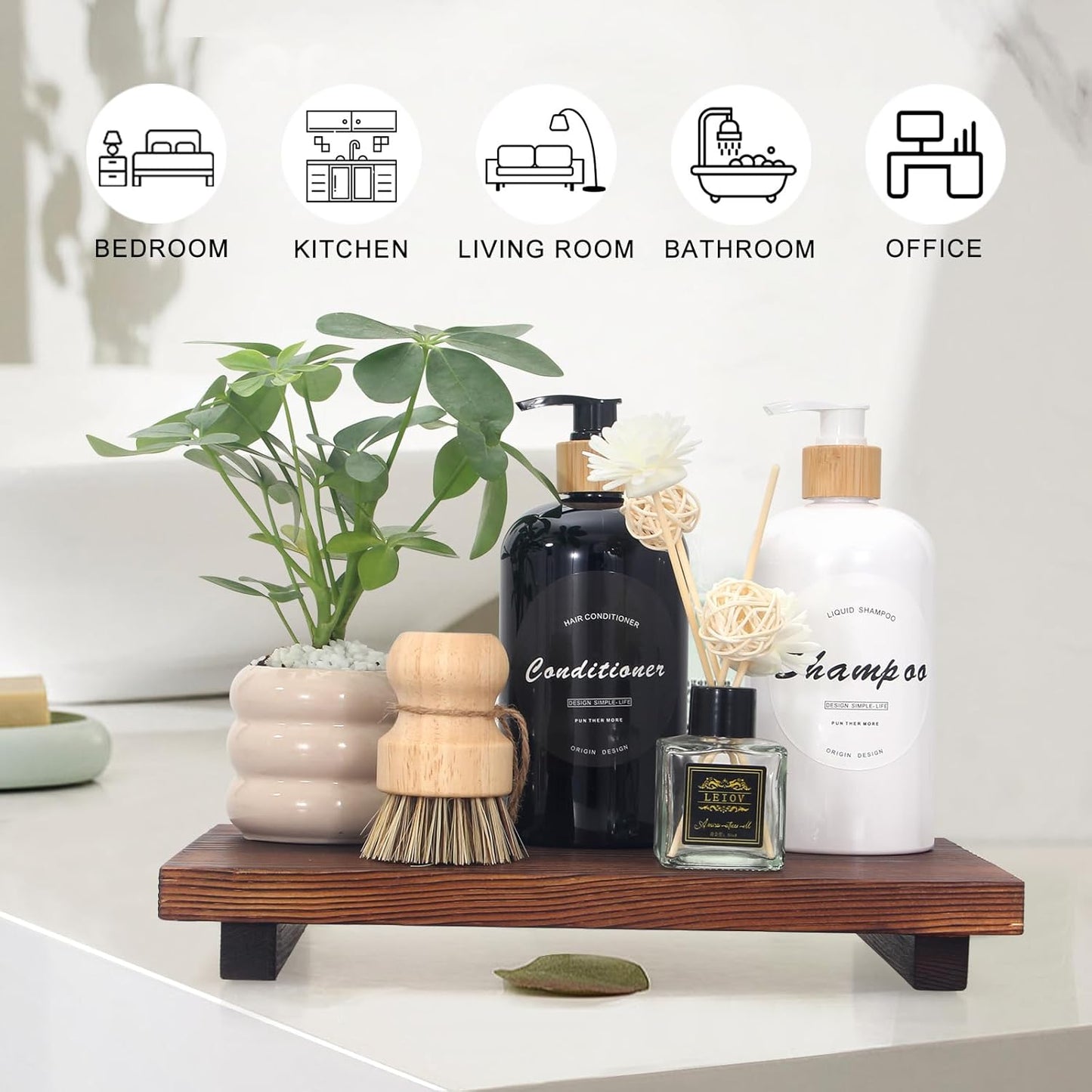 Black Bathroom Vanity Organizer Tray for Countertop Small Wooden Pedestal Stand Farmhouse Kitchen Sink Tray Decorative Hand Soap Dish Dispenser Holder Wood Risers Modern Bathroom Decor Accessories