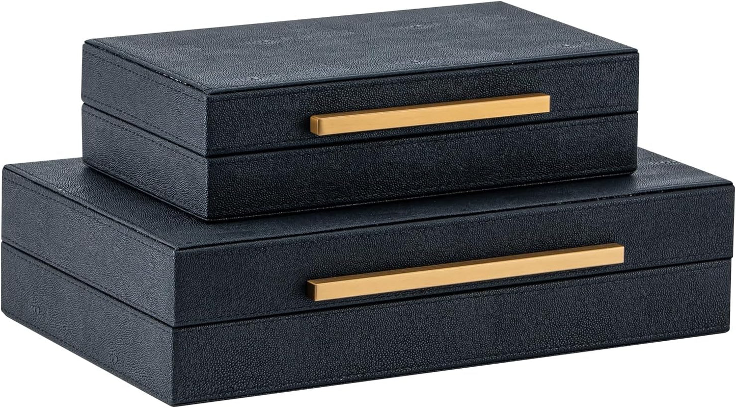Set of 2 Beige Shagreen Decorative Storage Boxes with Gold Metal Handles – Faux Leather Jewelry & Memory Boxes, Nesting Photo Organizers for Home Decor
