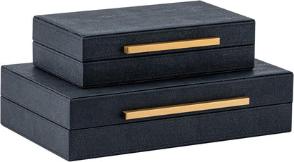 Set of 2 Beige Shagreen Decorative Storage Boxes with Gold Metal Handles – Faux Leather Jewelry & Memory Boxes, Nesting Photo Organizers for Home Decor