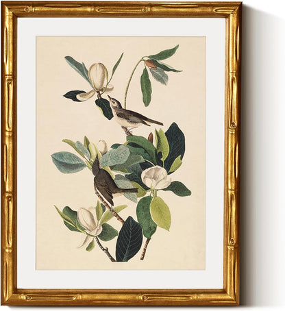 InSimSea Gold Bamboo Framed Canvas Wall Art, Retro Blue Hydrangea Botanical Prints, Antique Flowers Picture Frame with Mat, Victorian Home Wall Decor for Kitchen Living Room Bedroom, 11x14inch