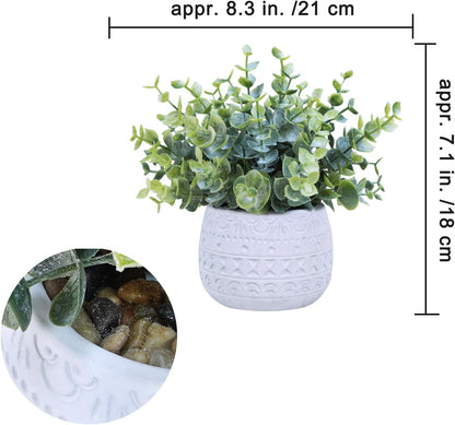 Winlyn Set of 2 Small Artificial Potted Plants Faux Eucalyptus Plant in White Geometric Ceramic Pots Small Desk Potted Plants 7.1" Tall for Home Office Room Decorations Wedding Greenery Centerpiece