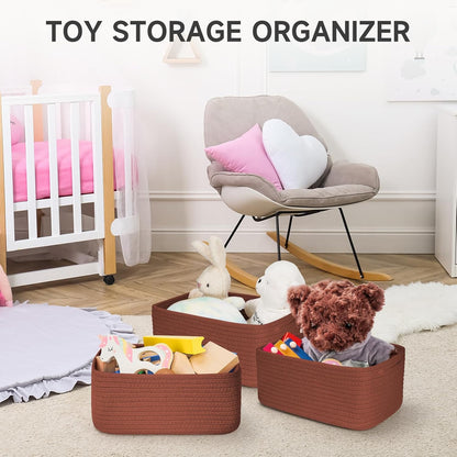 3-Pack Small Storage Baskets for Organizing | Woven Shelf Toy Basket | Rope Baskets for Gifts Empty | Closet Organizer Bins with Handles | Cube Decorative Box | 11.8×7.8×5.1” | Mixed brown