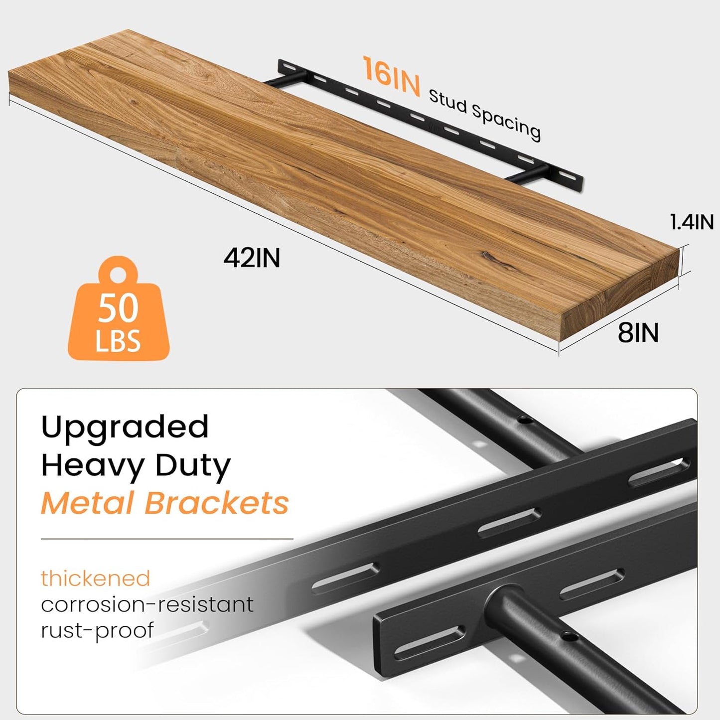 Floating Shelves 36 Inches Long - 8 Inch Deep Rustic Premium Solid Pine Wood for Storage - Farmhouse Wall Mounted for Living Room - Heavy-Duty Metal Bracket - 36" W x 8" D - Set of 2 - White Color