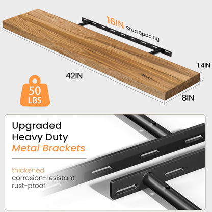Floating Shelves 36 Inches Long - 8 Inch Deep Rustic Premium Solid Pine Wood for Storage - Farmhouse Wall Mounted for Living Room - Heavy-Duty Metal Bracket - 36" W x 8" D - Set of 2 - White Color