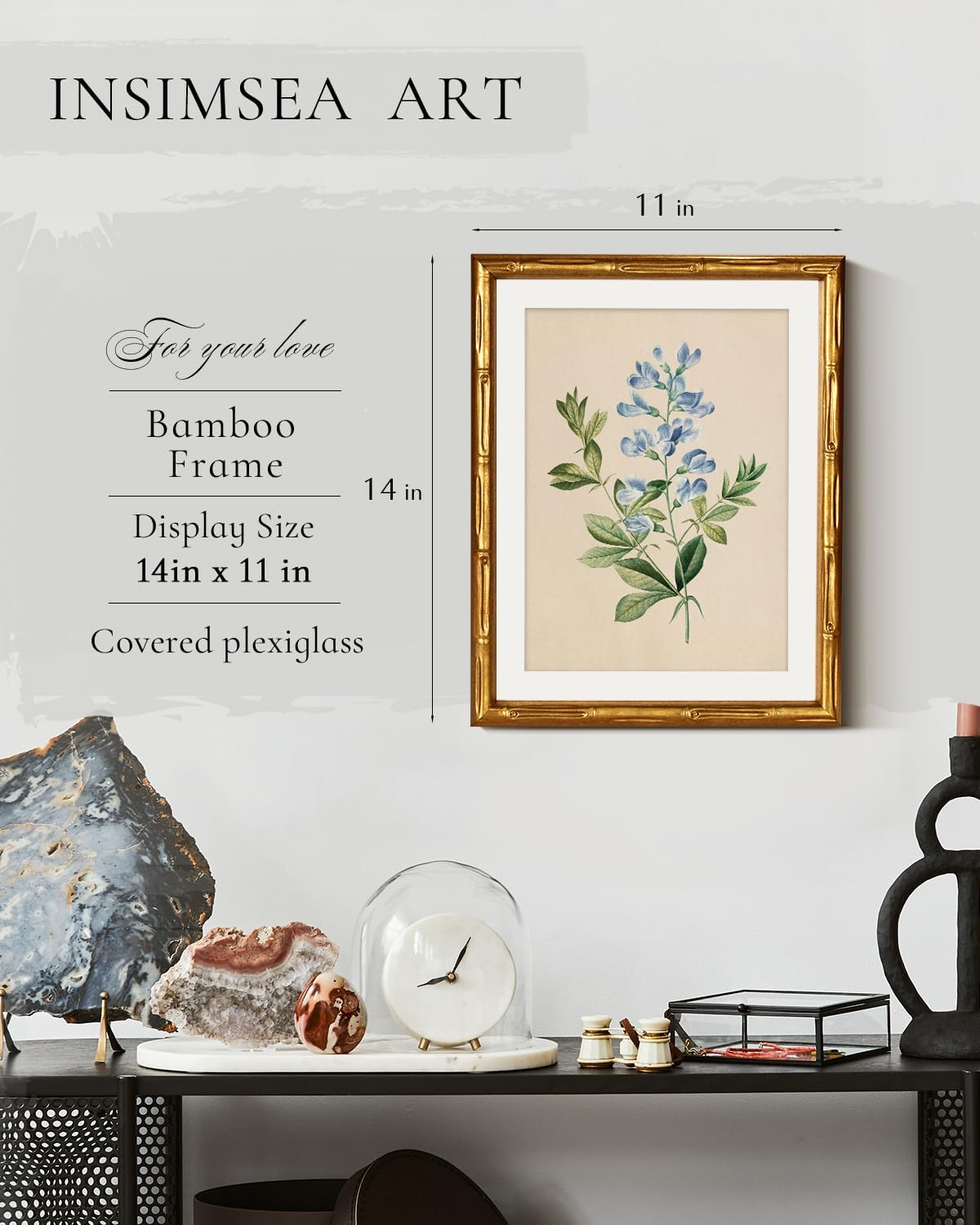 InSimSea Gold Bamboo Framed Canvas Wall Art, Retro Blue Hydrangea Botanical Prints, Antique Flowers Picture Frame with Mat, Victorian Home Wall Decor for Kitchen Living Room Bedroom, 11x14inch