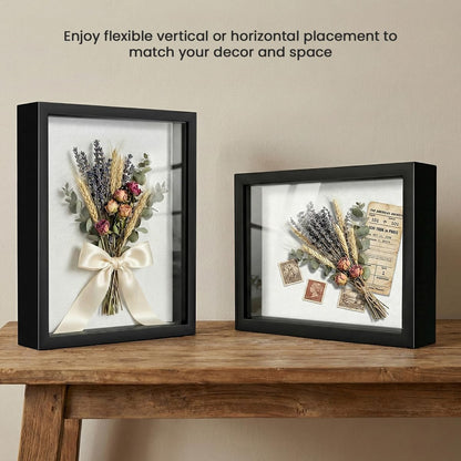 8x10 Shadow Box Frame | Soft Linen Back & Push Pins Included, Polystyrene Glass Memory Display Case for Flowers, Tickets & Cherished 3D Items, Black