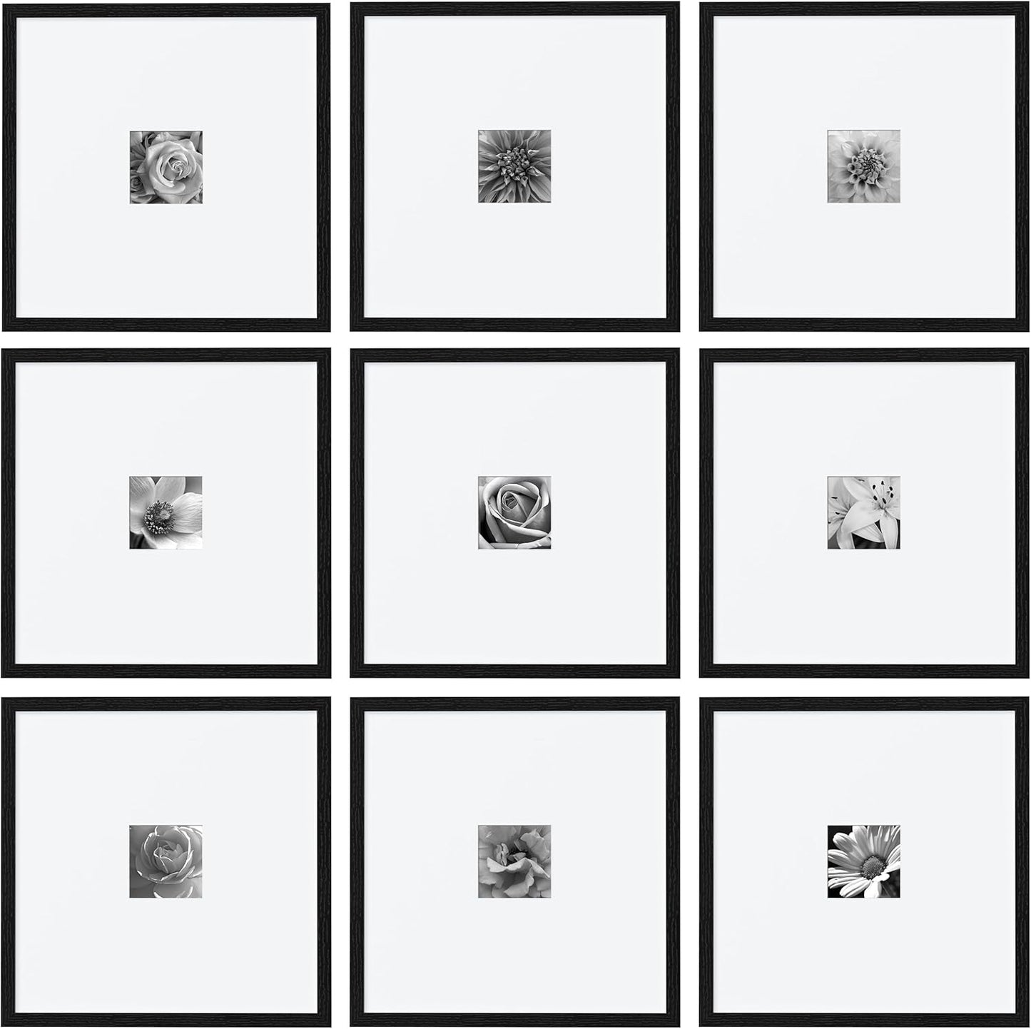 eletecpro 12x12 Picture Frames Set of 9 with Clear Acrylic Cover, Display 8x8 Photos with Mat or 12x12 Without, Classic and Sturdy Square Collage Gallery Wall Decor, Easy Wall Mount, Black