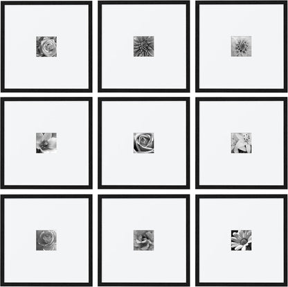 eletecpro 12x12 Picture Frames Set of 9 with Clear Acrylic Cover, Display 8x8 Photos with Mat or 12x12 Without, Classic and Sturdy Square Collage Gallery Wall Decor, Easy Wall Mount, Black