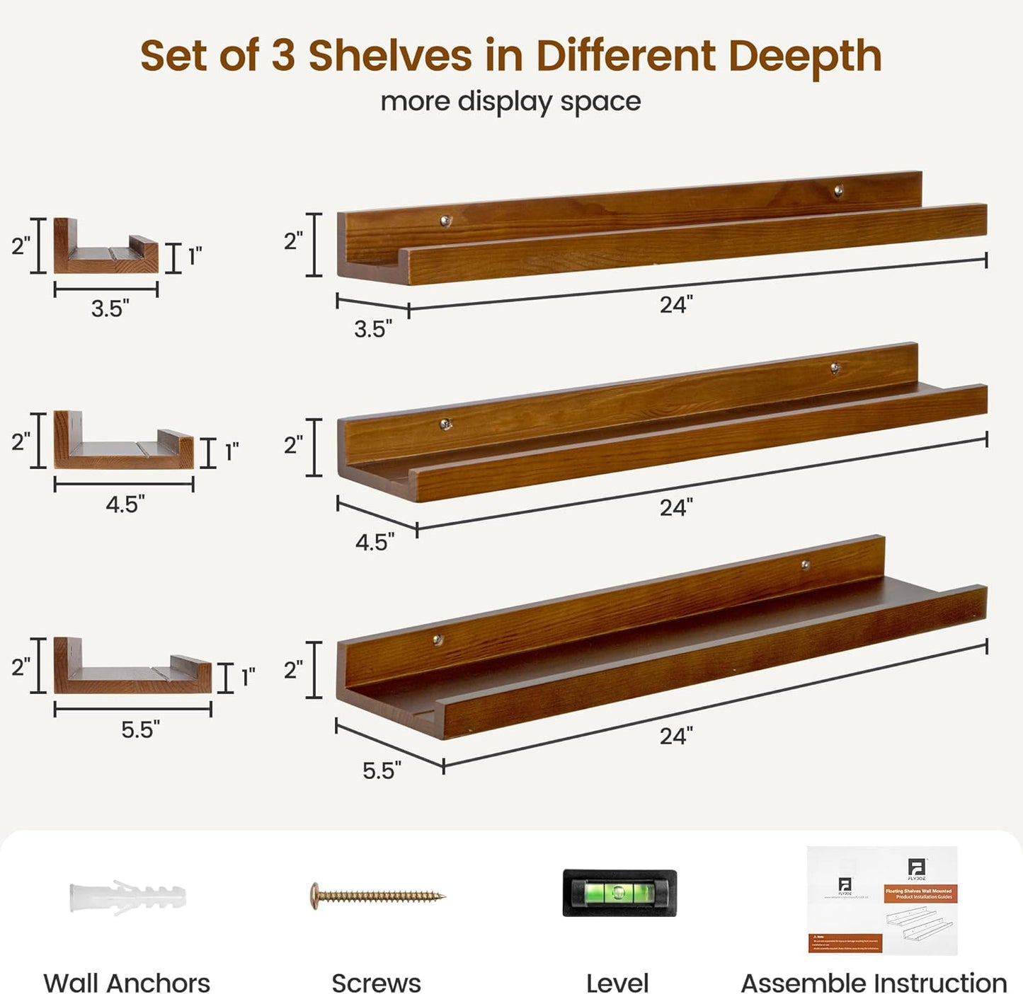 FLYJOE Picture Ledge Shelf, Floating Shelves Set of 2, Solid Pine Wood 55'' Long Large Nursery Book Shelves for Toys Storage, Kids Bookshelf for Living Room Bedroom Decor Books Photo Frames, Walnut