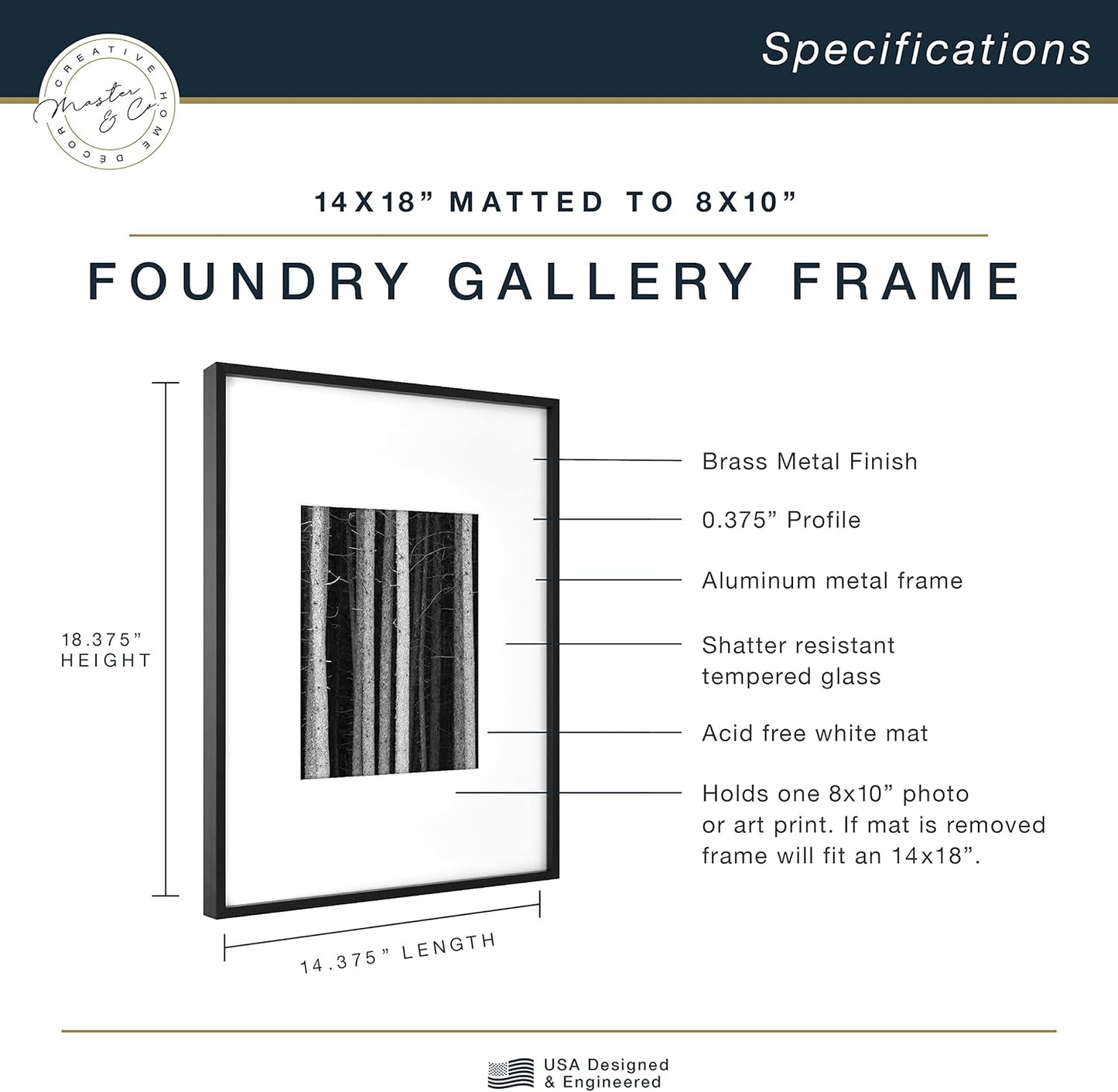 MCS Master & Co. Foundry Metal 18x18 Matted Picture Frame with 8x8 Photo Display, Black Vertical & Horizontal Wall Hanging Frame for Photos & Artwork (1-Pack)