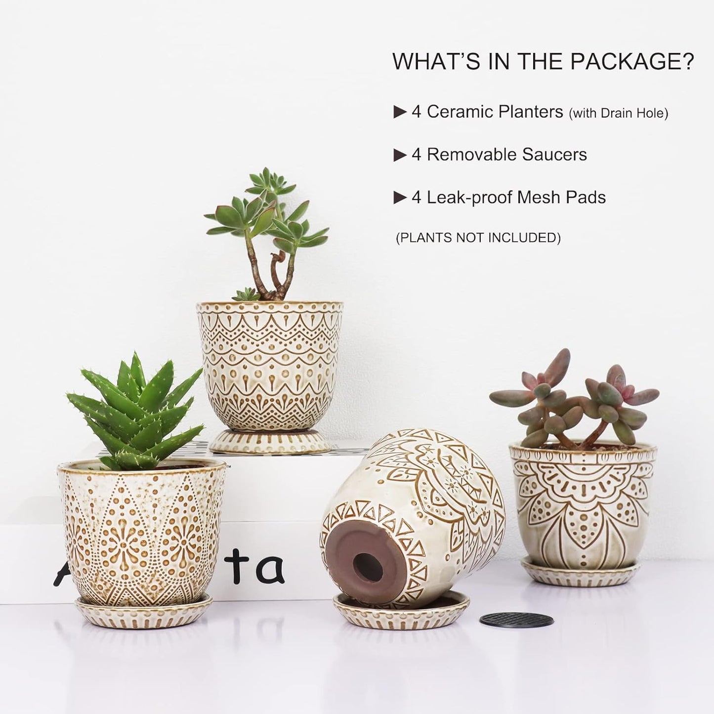 Gepege 6 Inch Beaded Ceramic Planter Set of 2 with Drainage Hole and Saucer for Plants, Indoor-Outdoor Large Round Succulent Orchid Flower Pot (Smoked Gray, Inner-pots not Larger Than 5 Inch)